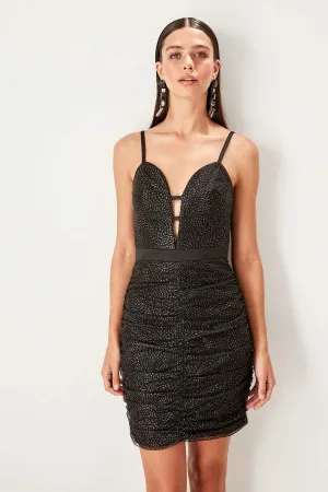 10854 Black Silvery Draped Strap Dress