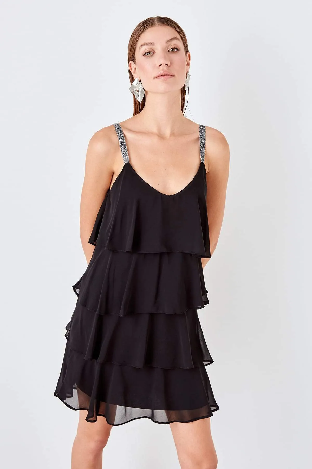 10858 Black Tiered Chiffon Dress