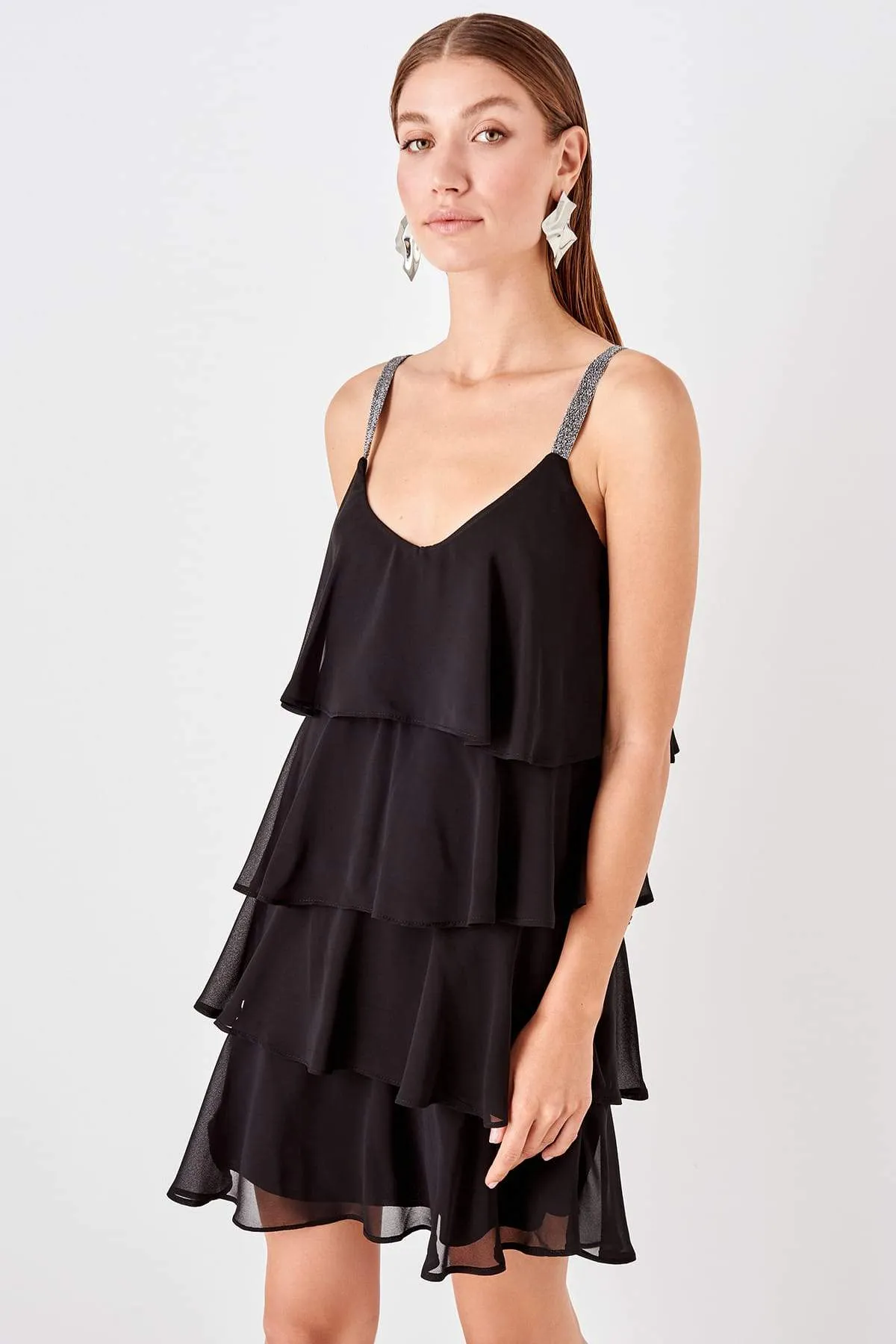 10858 Black Tiered Chiffon Dress