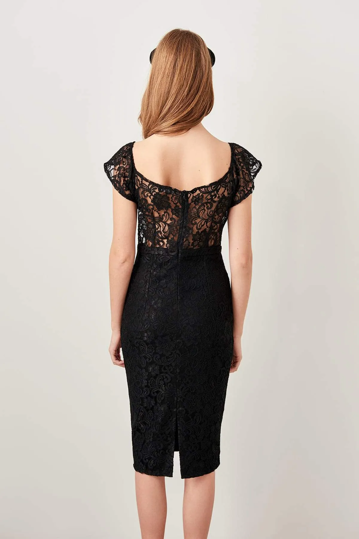 10875 Black Transparent Waist Lace Dress