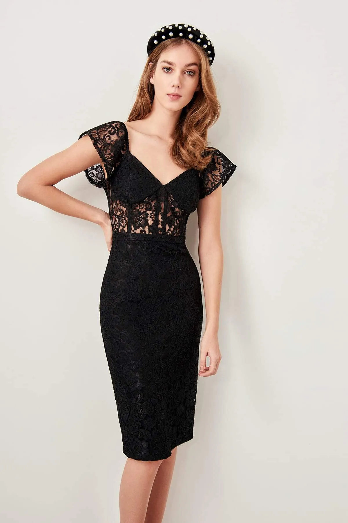 10875 Black Transparent Waist Lace Dress