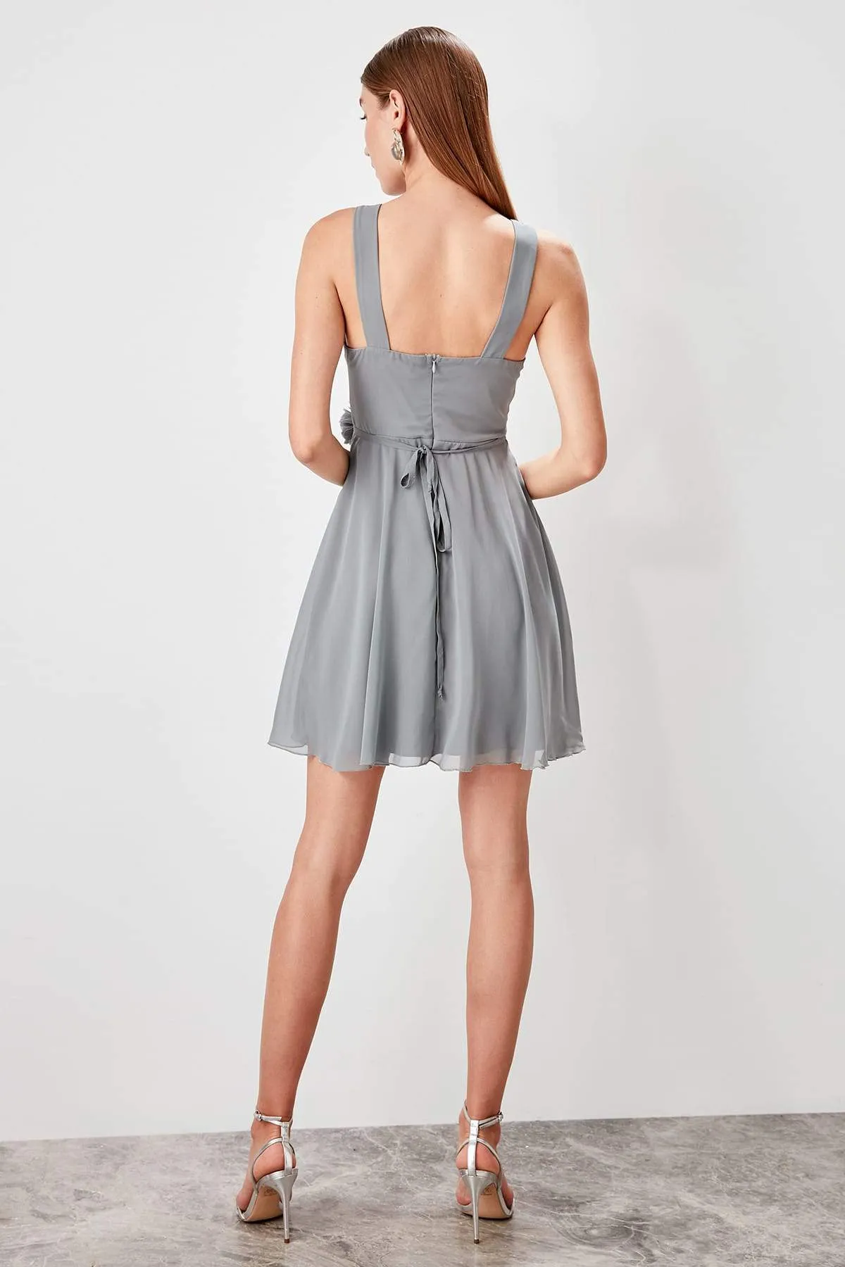 10938 Grey Floral Accessory Chiffon Dress