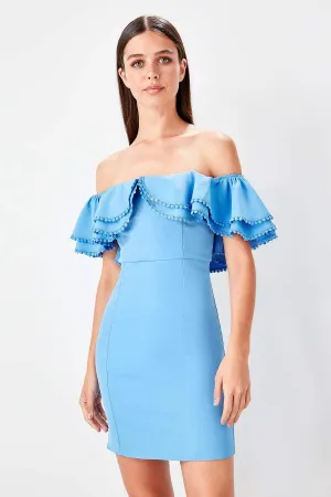 11621 Blue Off-Shoulder Pencil Dress