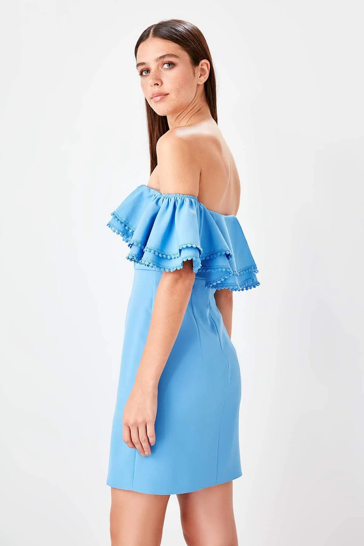 11621 Blue Off-Shoulder Pencil Dress