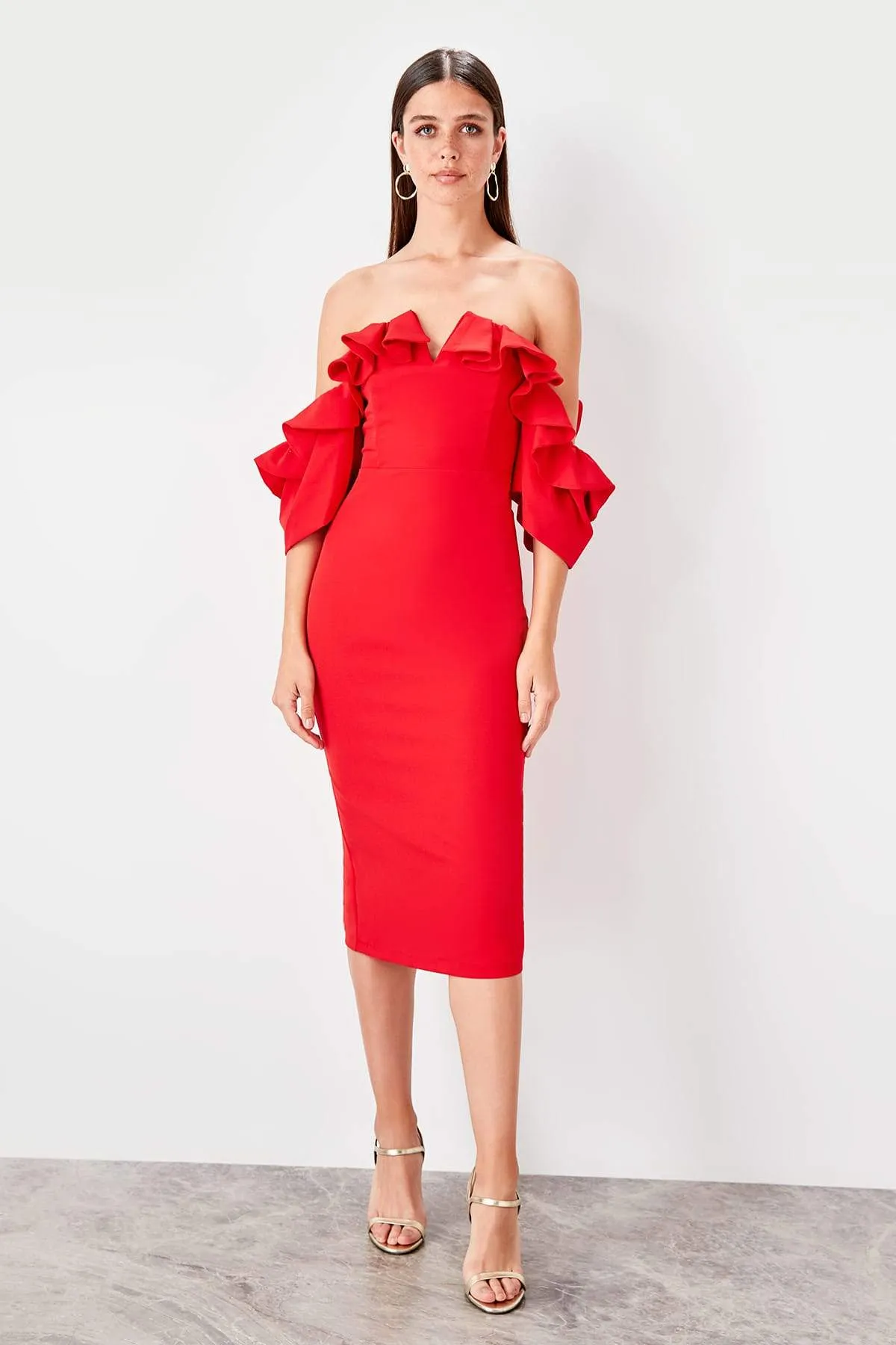 11623 Red Off-Shoulder Pencil Dress