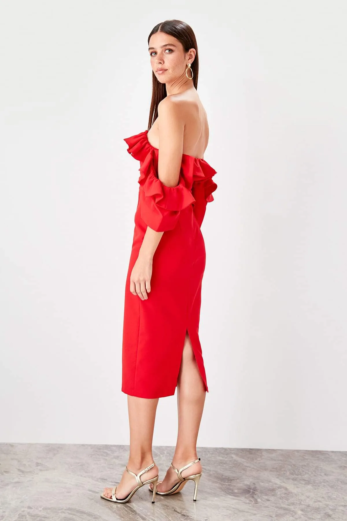 11623 Red Off-Shoulder Pencil Dress