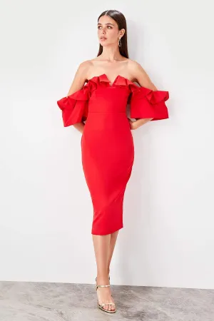 11623 Red Off-Shoulder Pencil Dress