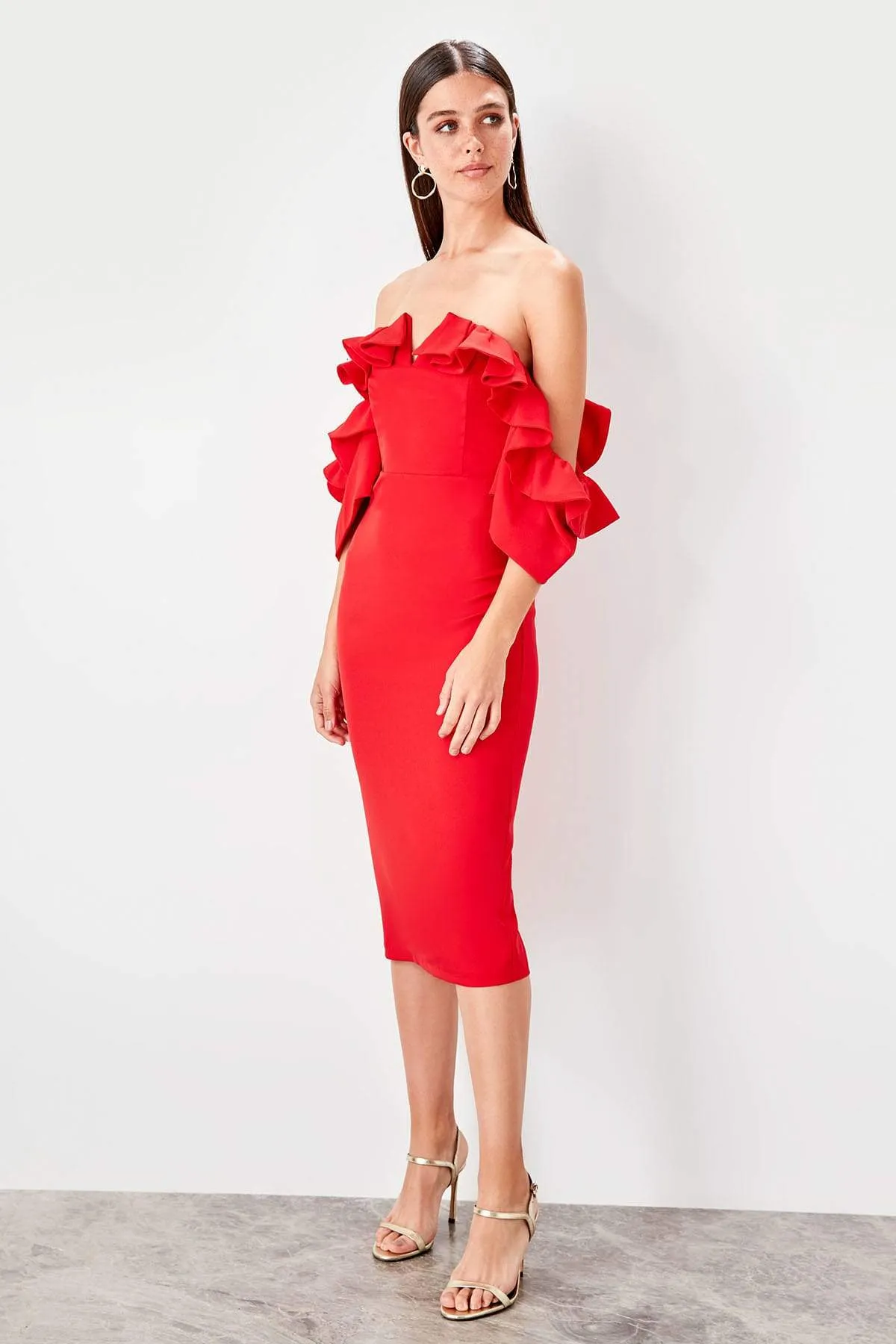 11623 Red Off-Shoulder Pencil Dress