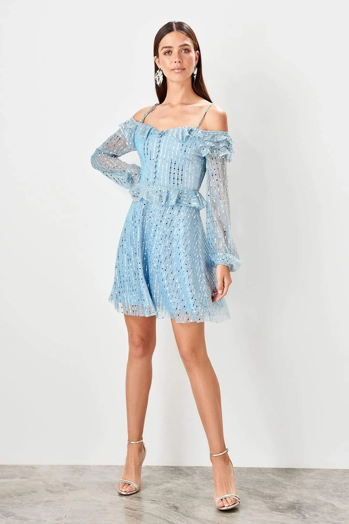 11624 Blue Off-Shoulder Glitter Dress