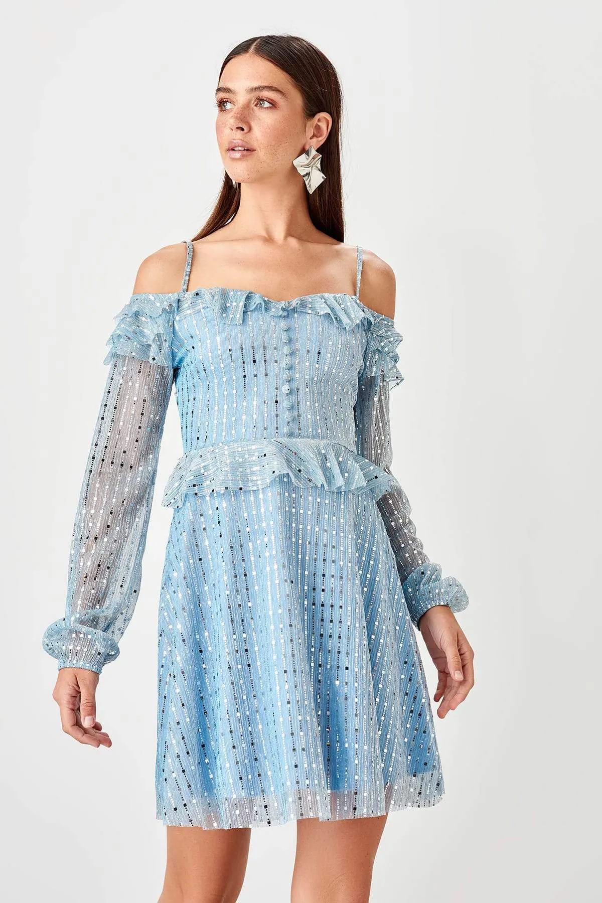 11624 Blue Off-Shoulder Glitter Dress