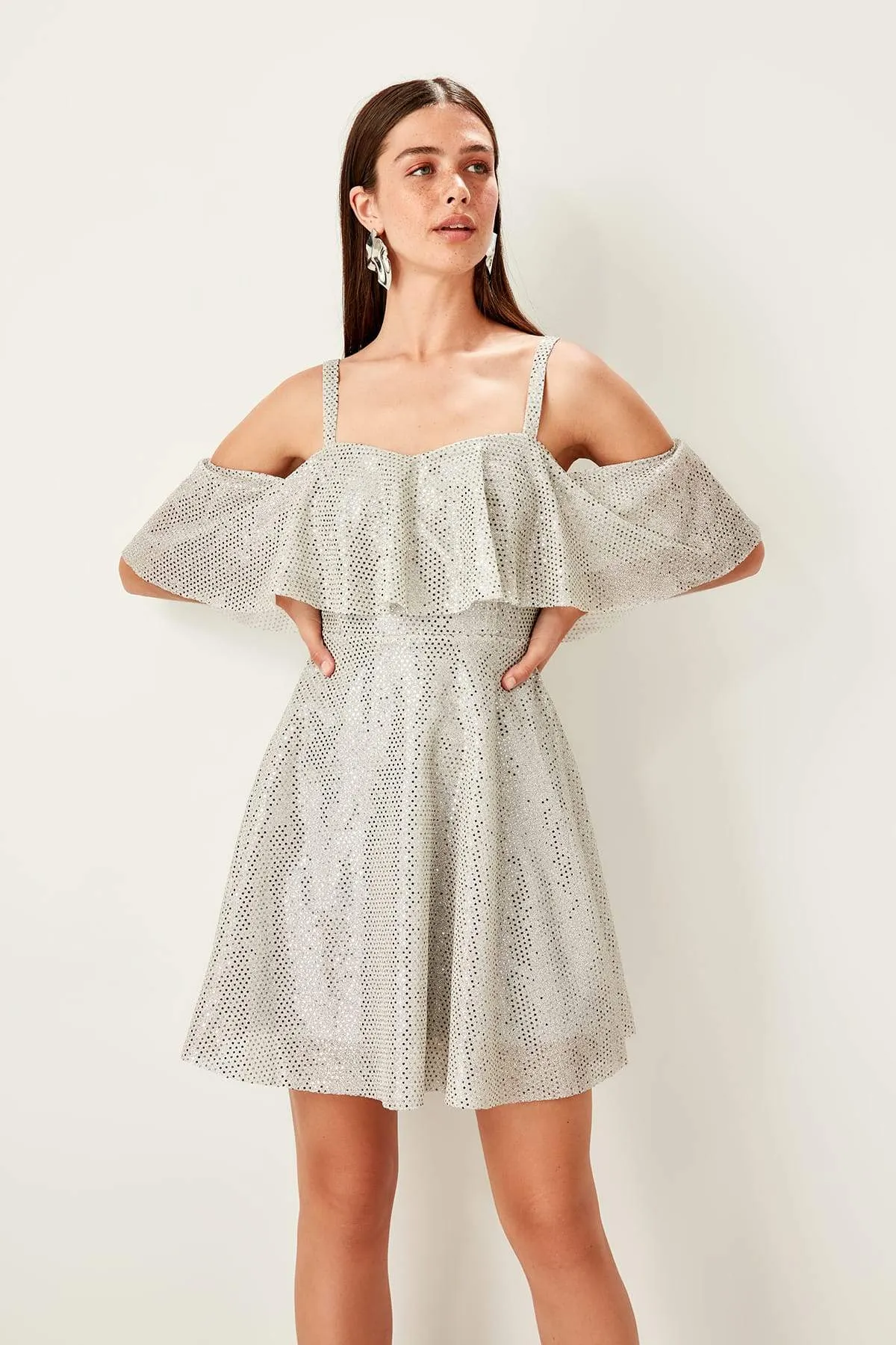 11654 Silver Glitter Off-Shoulder Dress