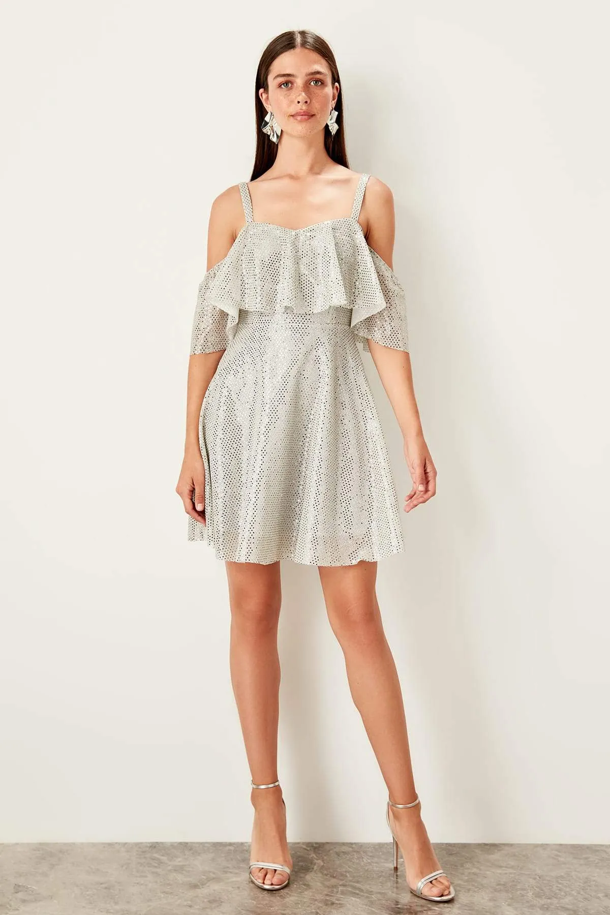 11654 Silver Glitter Off-Shoulder Dress