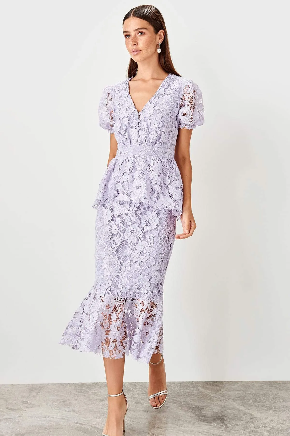 11664 Lilac Peplum Lace Dress