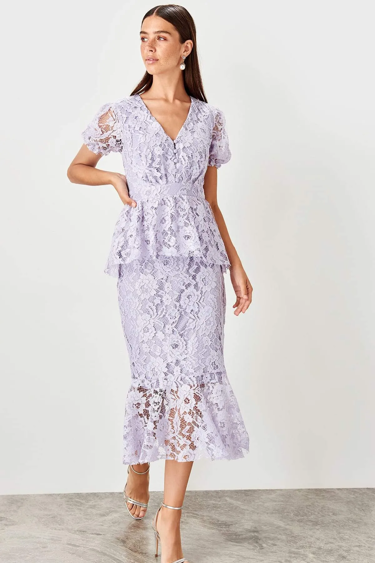 11664 Lilac Peplum Lace Dress