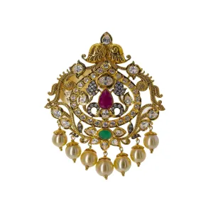 22K Yellow Gold Pendant W/ Emeralds, Rubies, CZ Gemstones & Hanging Pearls, 26.4gm