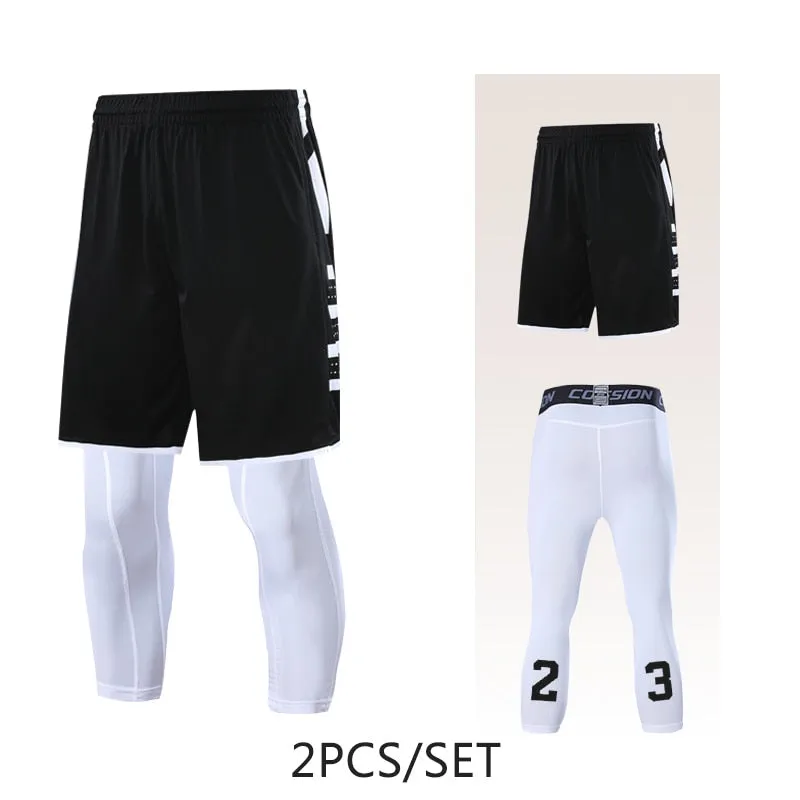 2pcs Set Men Running Shorts Leggings Fitness Compression Sweatpants Gym Jogging Outdoor Sport Basketball Football Clothes v2