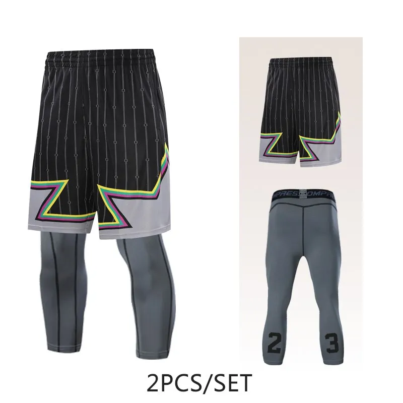 2pcs Set Men Running Shorts Leggings Fitness Compression Sweatpants Gym Jogging Outdoor Sport Basketball Football Clothes v2