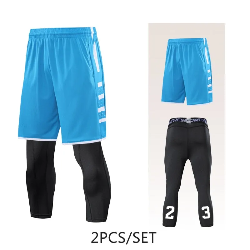 2pcs Set Men Running Shorts Leggings Fitness Compression Sweatpants Gym Jogging Outdoor Sport Basketball Football Clothes v2