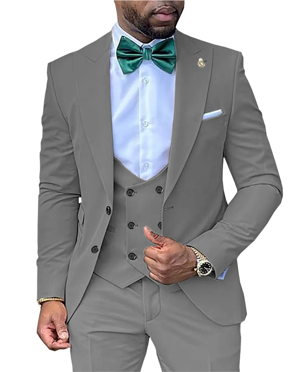 3 Pieces Business Mens Suit Regular Fit Peak Lapel Flat Blazer For Wedding (Blazer vest Pants)