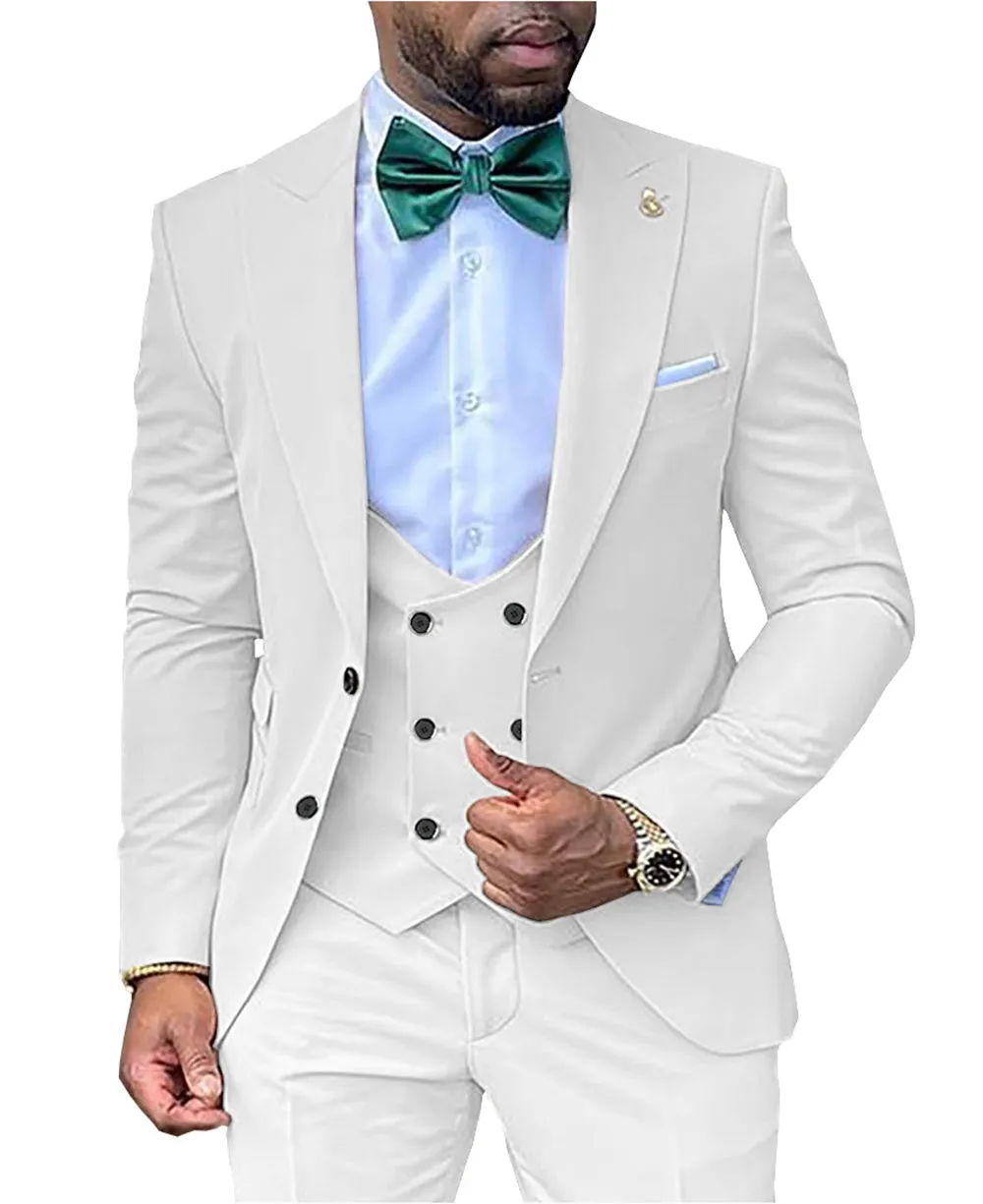 3 Pieces Business Mens Suit Regular Fit Peak Lapel Flat Blazer For Wedding (Blazer vest Pants)