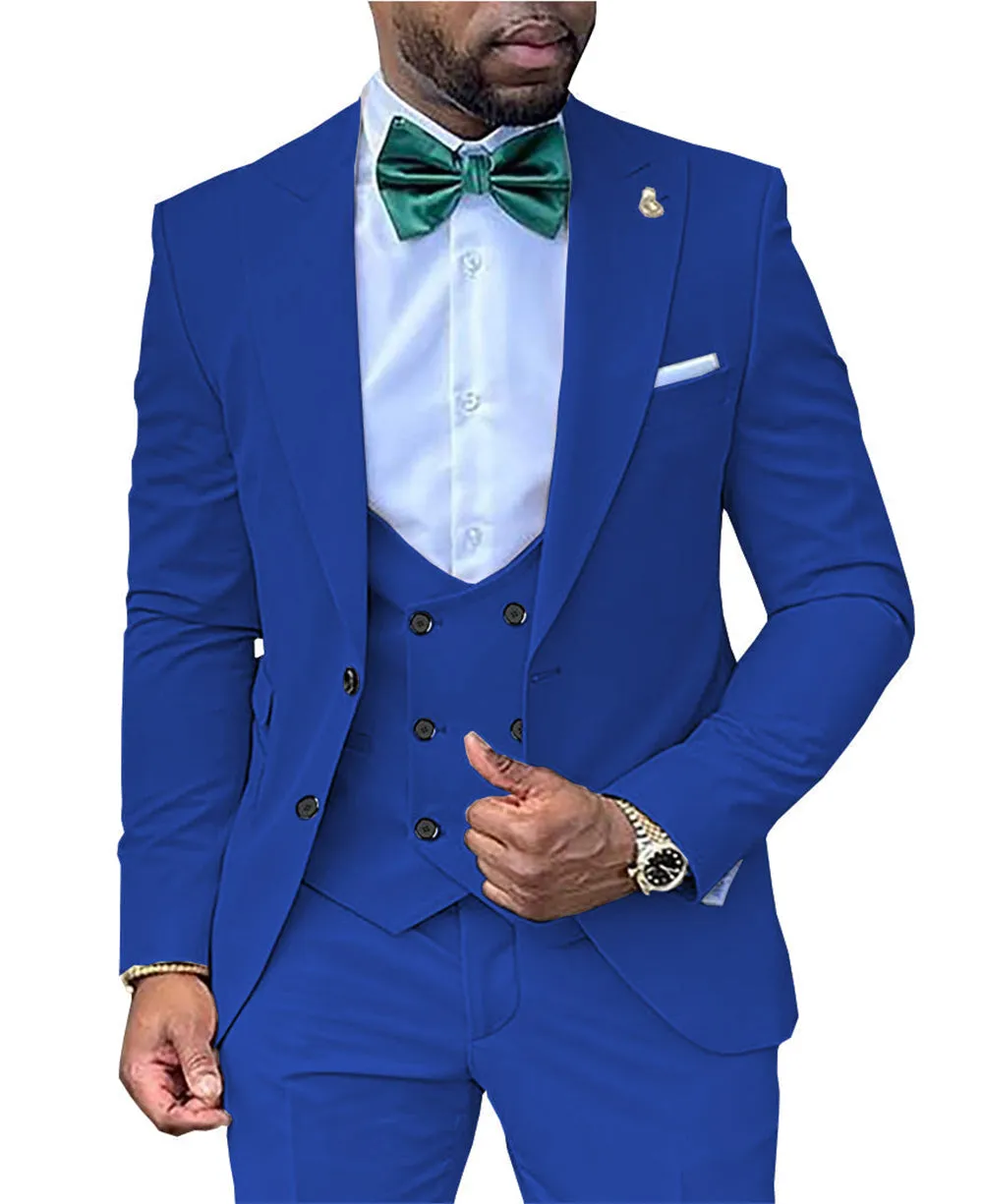 3 Pieces Business Mens Suit Regular Fit Peak Lapel Flat Blazer For Wedding (Blazer vest Pants)