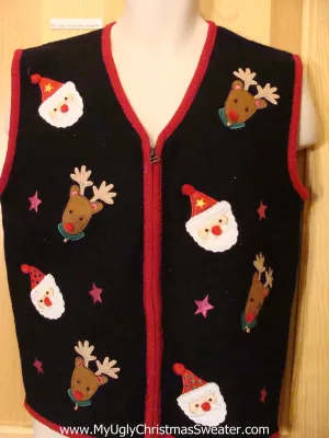 Black Funny Ugly Sweater Vest with Santa and Reindeer