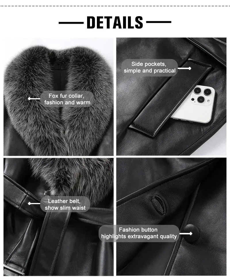 Black Genuine Sheepskin Leather Shearling Trench Coat with Fox Fur Collar for Women