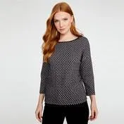 Black/Ivory 3/4 Sleeve Slash Neck Texture Spot Top