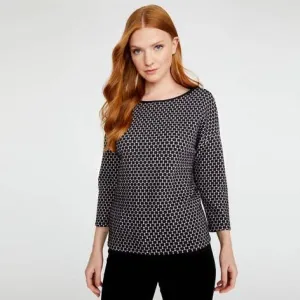 Black/Ivory 3/4 Sleeve Slash Neck Texture Spot Top