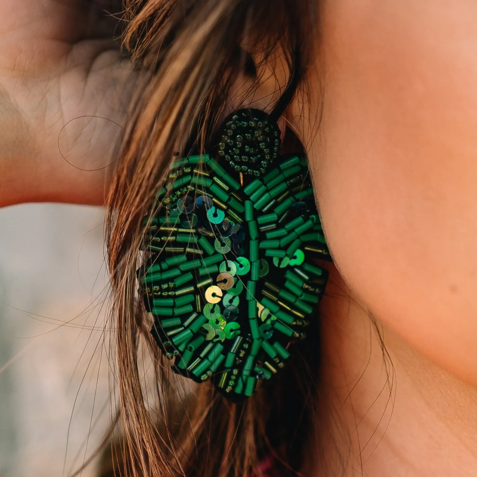 Bohemian Beaded Monstera Leaf Earring