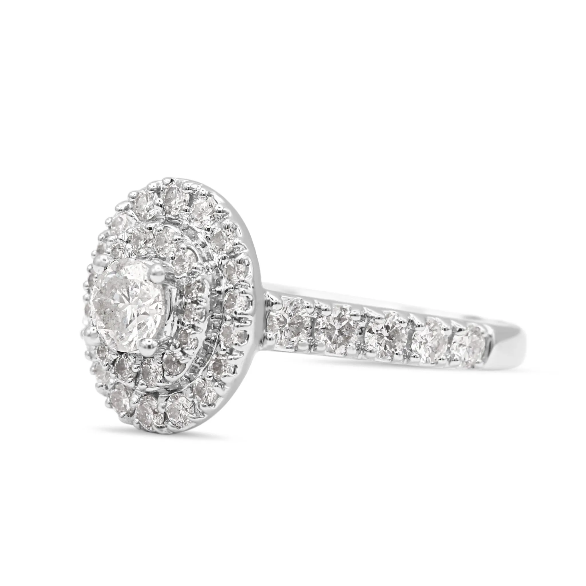 Brilliant Cut Halo Diamond Cluster Ring, Diamond Shoulders - Platinum