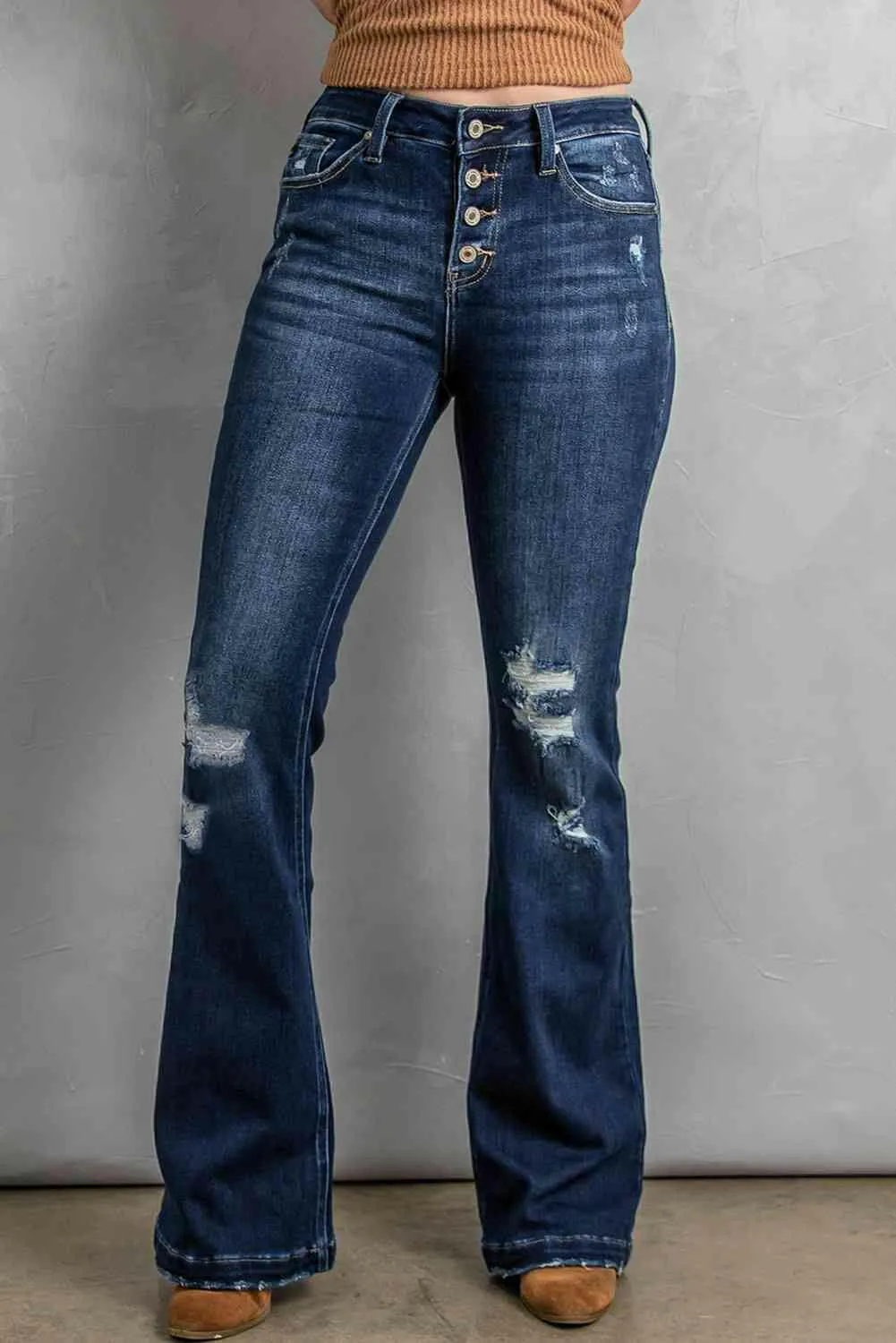 Button Fly Distressed Bootcut Jeans