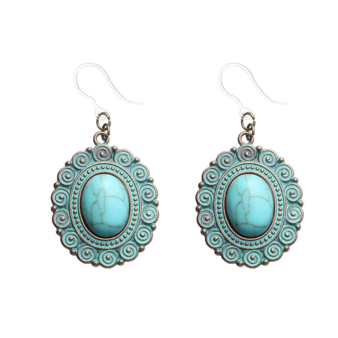 Copper Framed Turquoise Earrings Dangles Hypoallergenic Earrings for Sensitive Ears Made with Plastic Posts