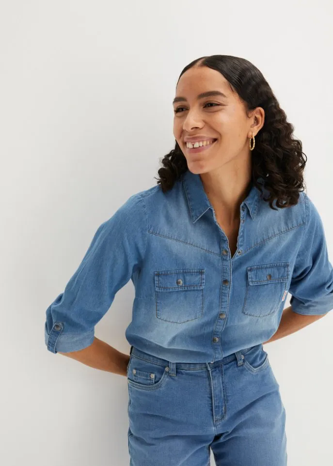 Denim blouse with buttons long sleeves John Baner Jeanswear, blue