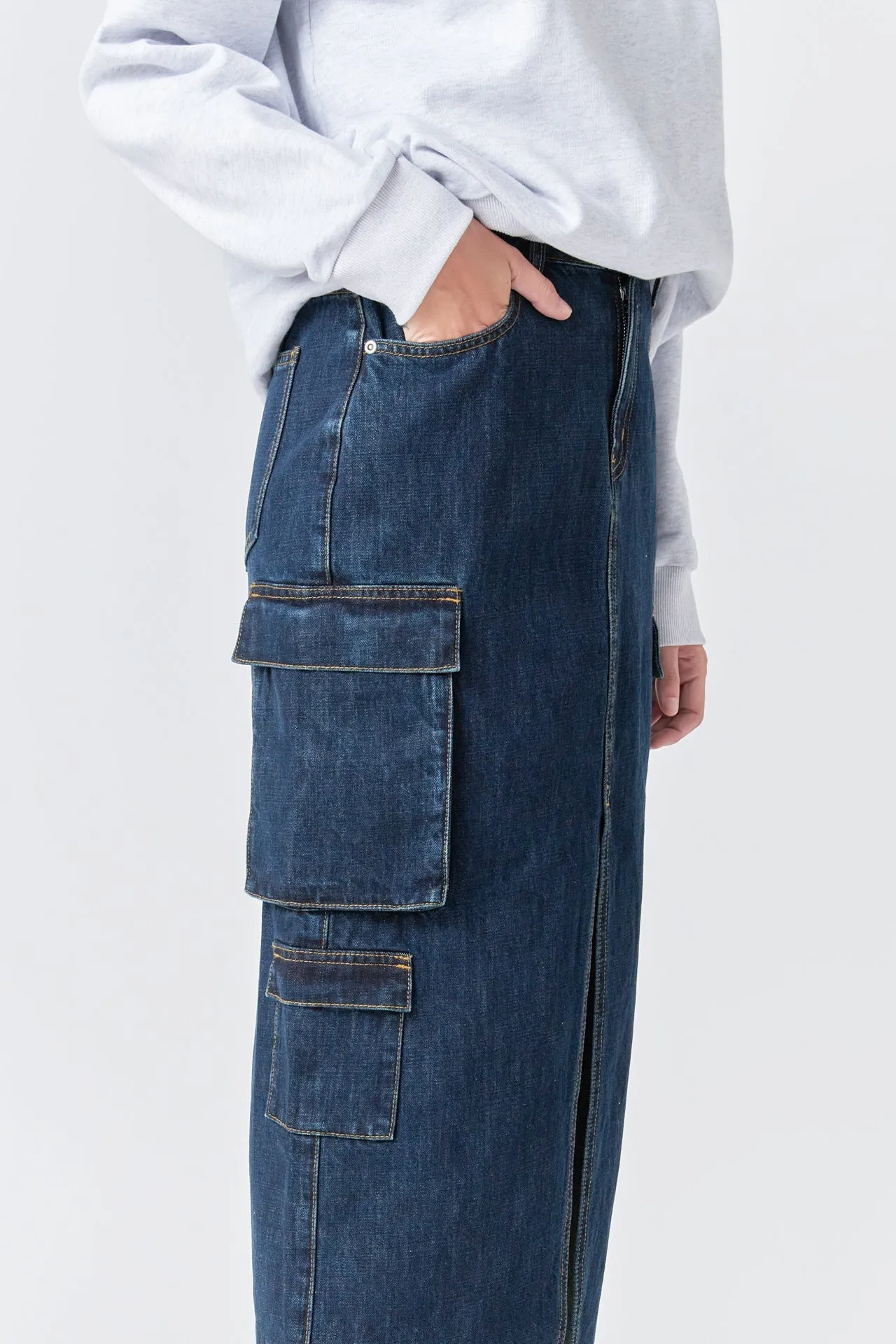 Denim Cargo Maxi Skirt