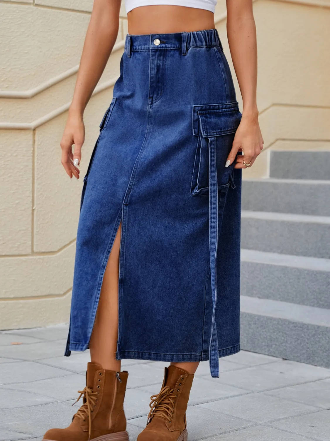 Denim Skirt With Pockets Feminine Slit Pocketed High Waist Jean Skirt KESLEY