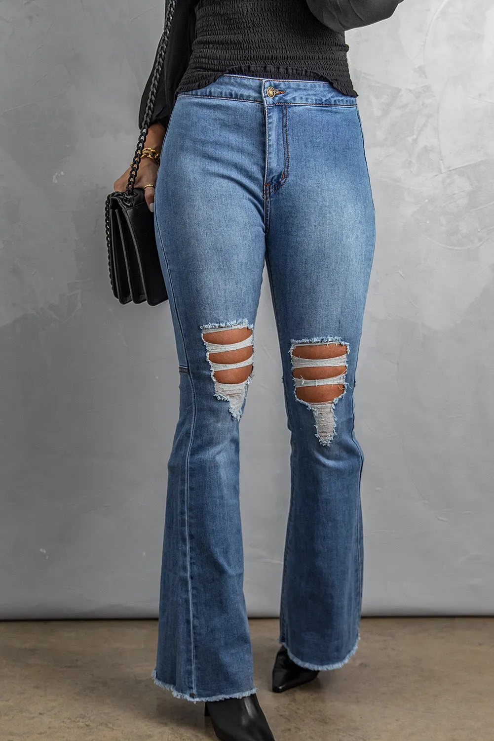 Distressed Raw Hem High-Waist Flare Jeans