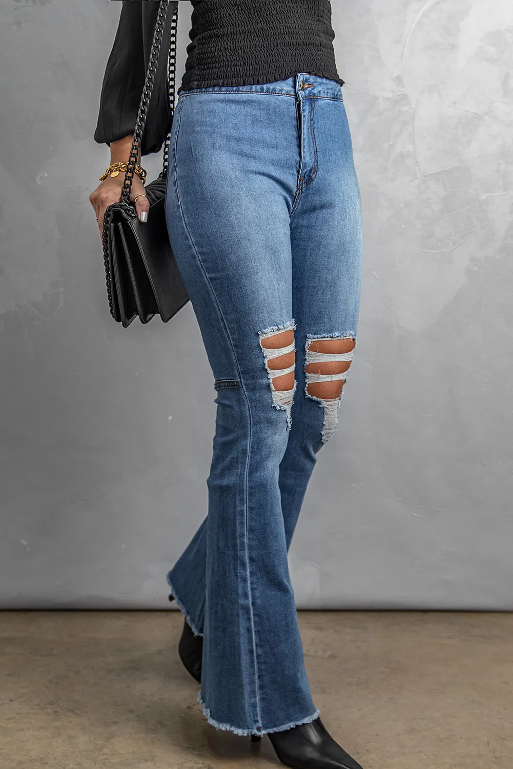 Distressed Raw Hem High-Waist Flare Jeans