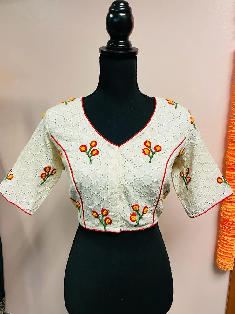 DKF122-Hakoba Blouse in Off-Whte with Red floral French-knot embroidery. Can be altered up to size 42