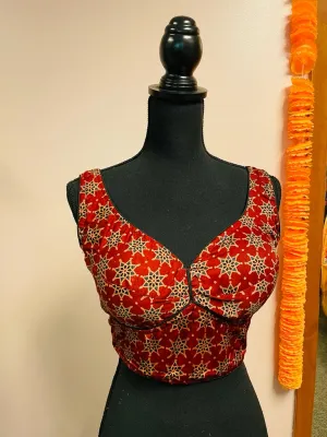 DKF138-Sabhya Sachi desgign Modal Silk Ajrak sleeveless blouse. Can be altered up to size 42