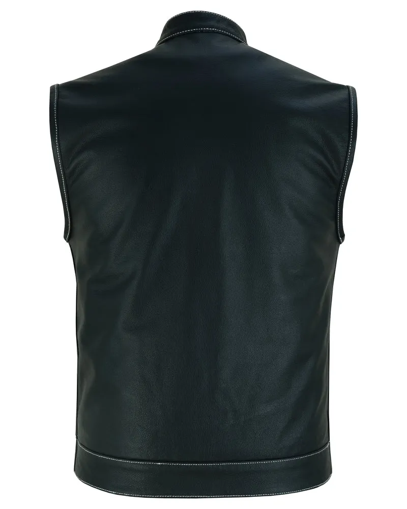 DS164 Men's Paisley Black Leather Motorcycle Vest with White Stitchin