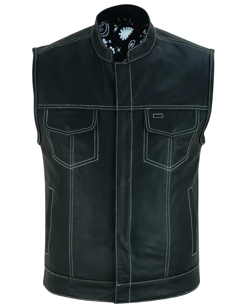 DS164 Men's Paisley Black Leather Motorcycle Vest with White Stitchin