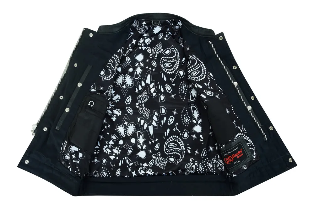 DS164 Men's Paisley Black Leather Motorcycle Vest with White Stitchin