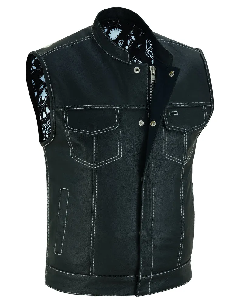 DS164 Men's Paisley Black Leather Motorcycle Vest with White Stitchin