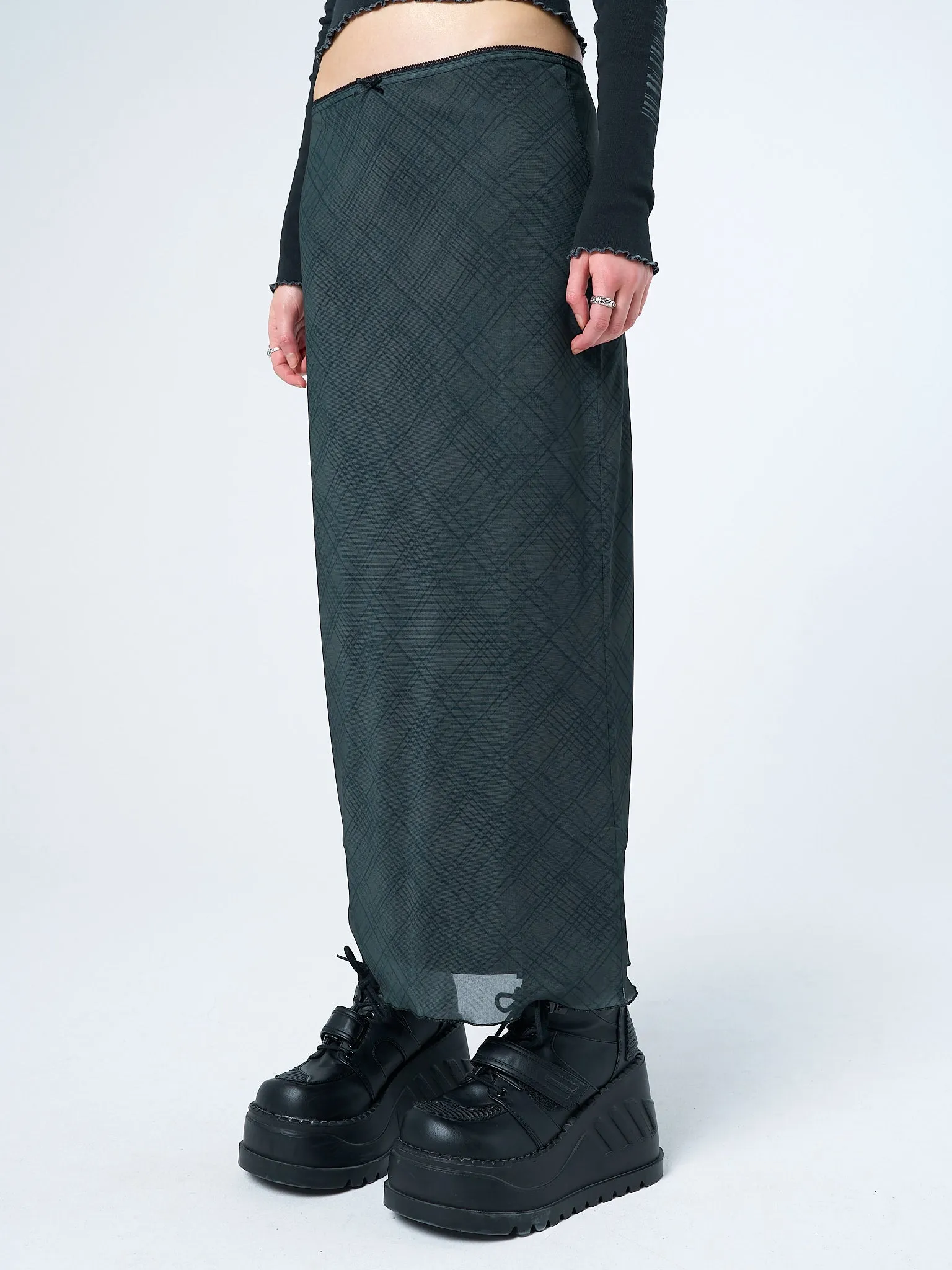 Elena Green Checked Mesh Maxi Skirt