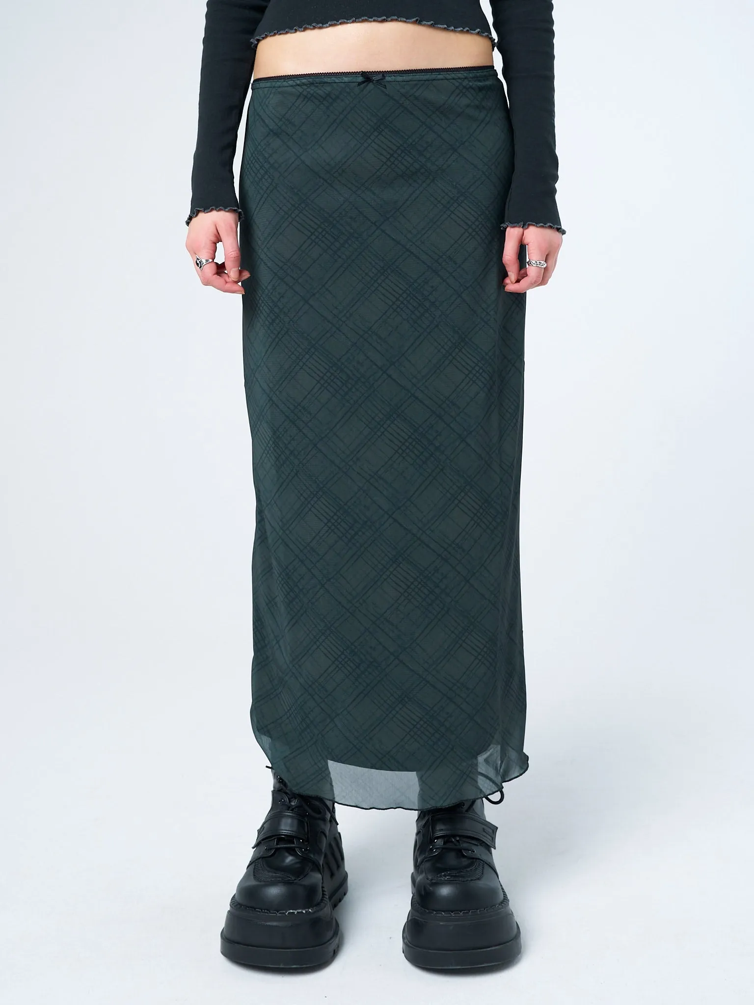 Elena Green Checked Mesh Maxi Skirt