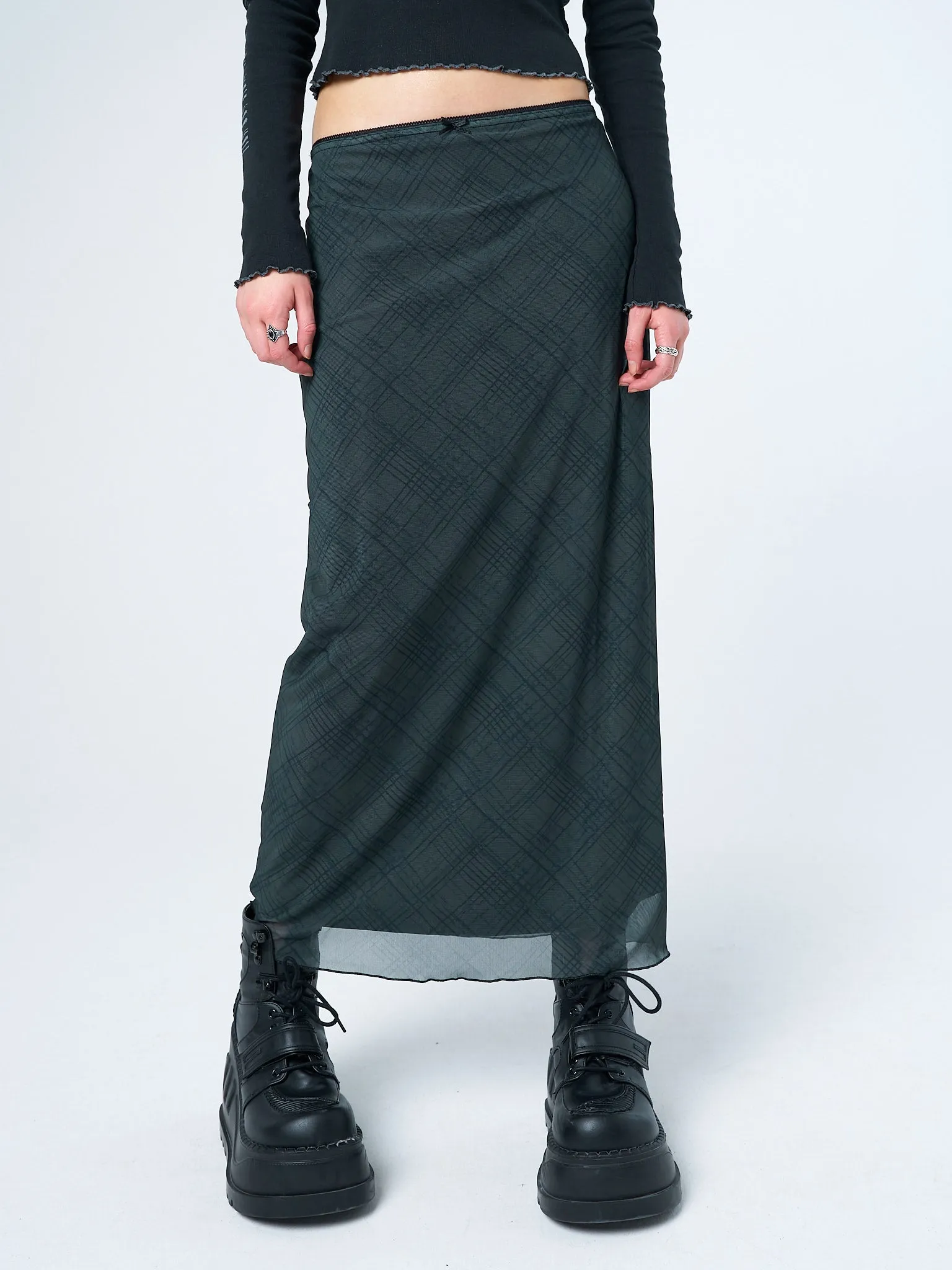 Elena Green Checked Mesh Maxi Skirt