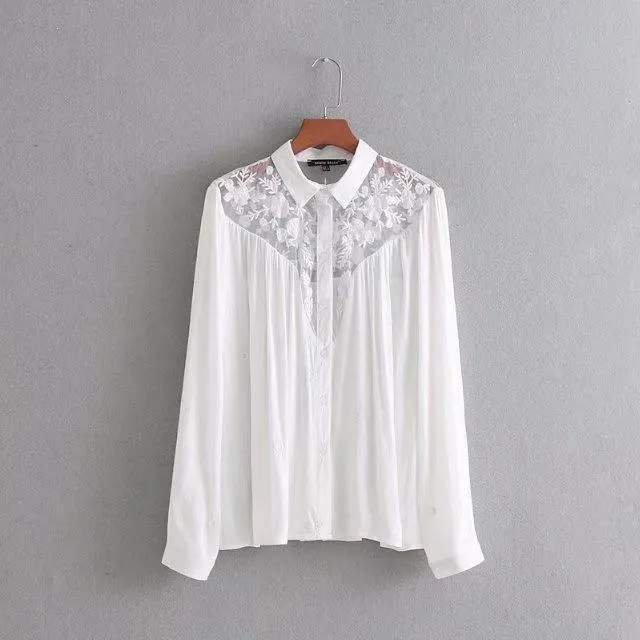 England Style Sexy Lace Splice Long Sleeve Blouse