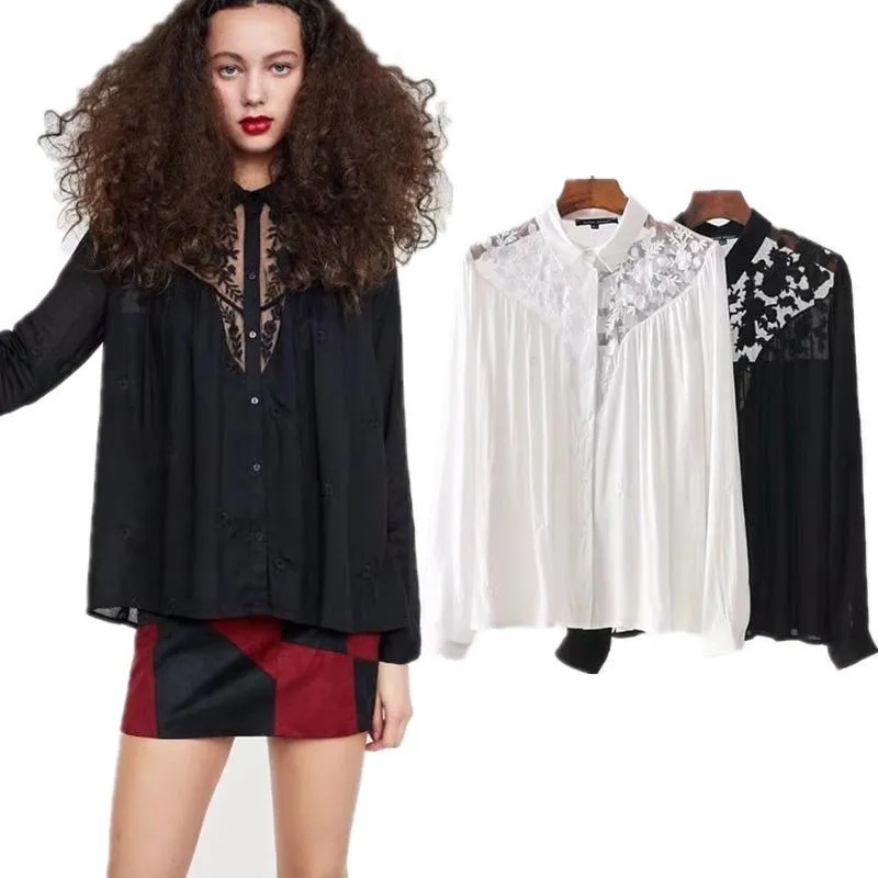 England Style Sexy Lace Splice Long Sleeve Blouse