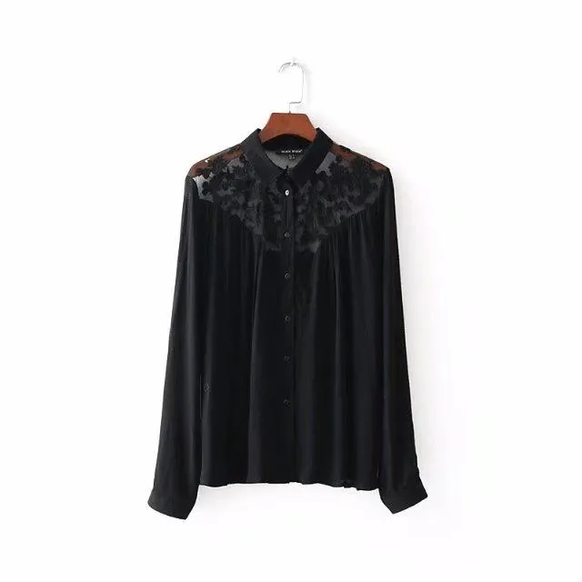 England Style Sexy Lace Splice Long Sleeve Blouse